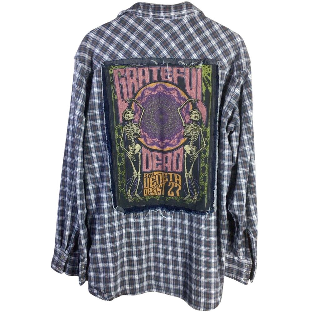 Reworked Grateful Dead FLANNEL w/ distressed DENIM Jean tee shirt patch Blue XL